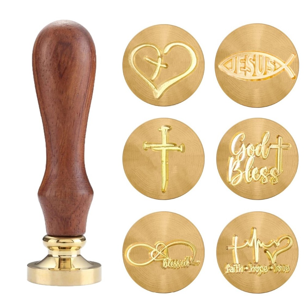 Religious Wax Seal Stamp Kit – 6 Brass Heads, Gift Box, Christian Symbols