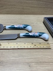 Sheffield England Cake Knife Server Set Floral Porcelain Handles Box Vintage USA