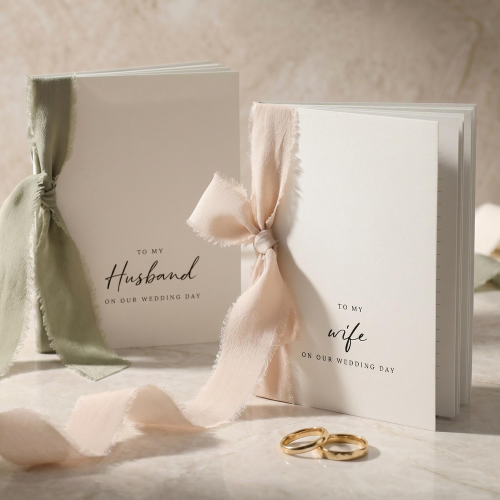 White Wedding Vow Books with 5 Ribbons His and Hers Gold Foil Set