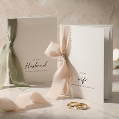 White Wedding Vow Books with 5 Ribbons His and Hers Gold Foil Set