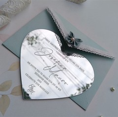 Silver Mirror Acrylic Customized Wedding Invitation with Pale Blue Lace Envelope