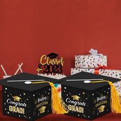 2026 Graduation Party Card Box, Black Gold Congrats Cap Card Holder Box with Tas