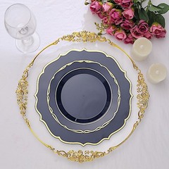 30 NAVY BLUE 8″ Round Plastic Dinner Plates GOLD Scalloped Rim Events Wedding