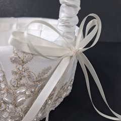 Flower Girl White Small Basket Pearls and Rhinestones Wedding Embellished UNIQUE