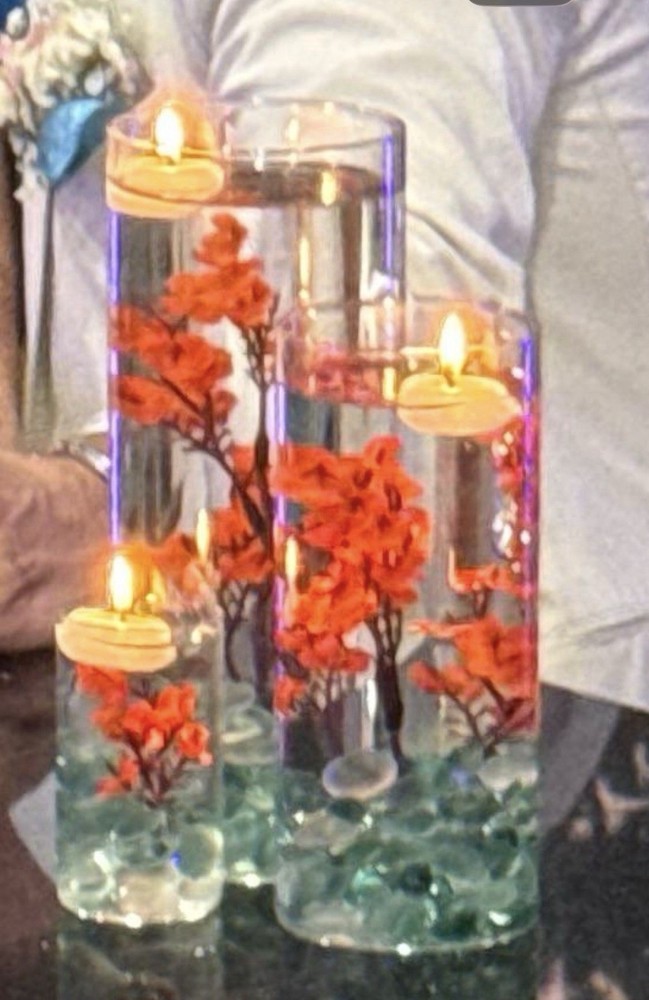 16 sets of 4 Clear Glass Candle Holder Cylinder Vases + Flowers + Glass Stones.