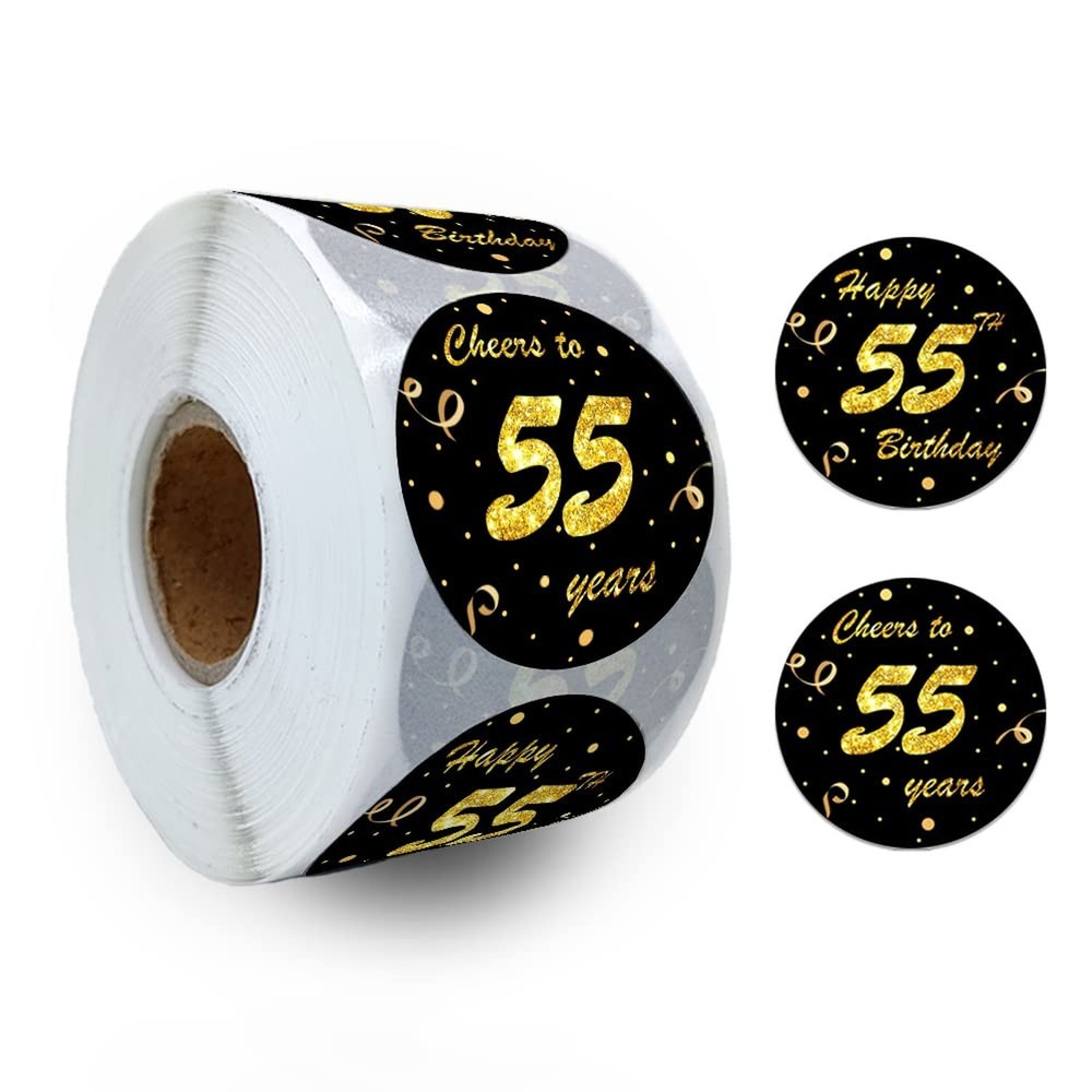 REWIDPARTY Black Gold 55th Birthday Stickers (500 Per Roll, 1.5′ Diameter, Wa…
