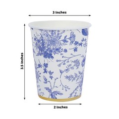 24 WHITE 9 oz Blue Floral Design Paper CUPS GOLD Rim Party Events Decorations