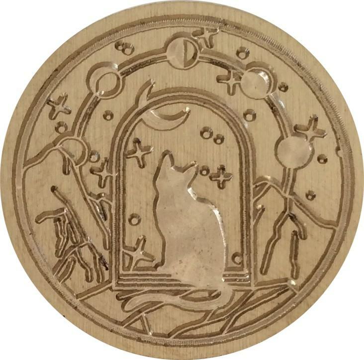 Cat in Arched Window, Moon Phases Overhead 1.2″ Wax Seal Stamp Head (imperfect)
