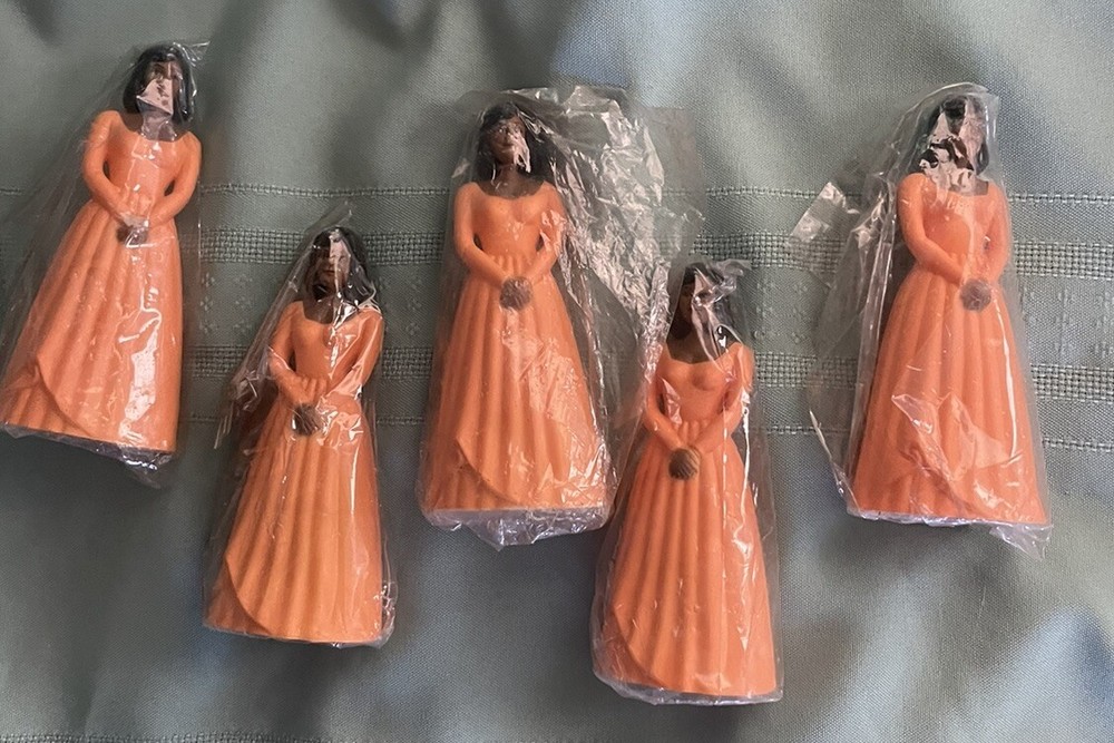 VINTAGE 5 BRN BRIDESMAIDS IN ORANGE GOWNS OLD STOCK CAKE TOPPERS’ NEW-FREE SHIP