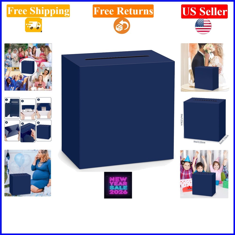 Navy Blue Card Box 9x9x5 Inch for Weddings & Events, Foldable Cardholder