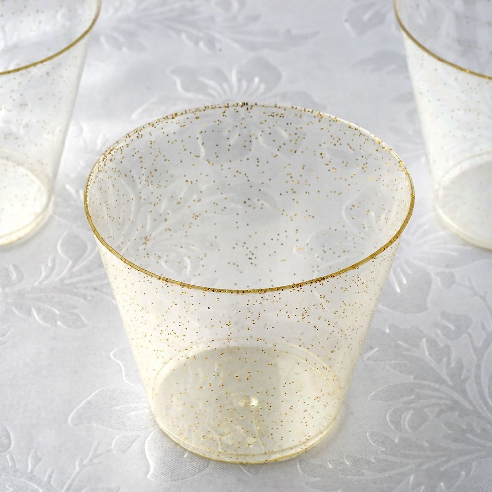 9 oz Disposable Gold Glittered Clear PLASTIC Wine GLASSES Wedding TABLEWARE SALE