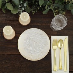 10 White 7″ Round Plastic Salad and Dinner Plates Gold Strokes Party Decorations