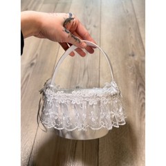 Vintage White Satin Lace Flower Girl Basket Faux Pearl Rhinestone Bow Wedding