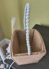 JUTE FLORAL BASKET Flower Girl Wedding Faux Pearl Handle Lace Feather EUC