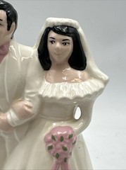 Vtg 1950’s Wedding Cake Topper 7” Bride & Groom Ceramic Iridescent Dress Pink