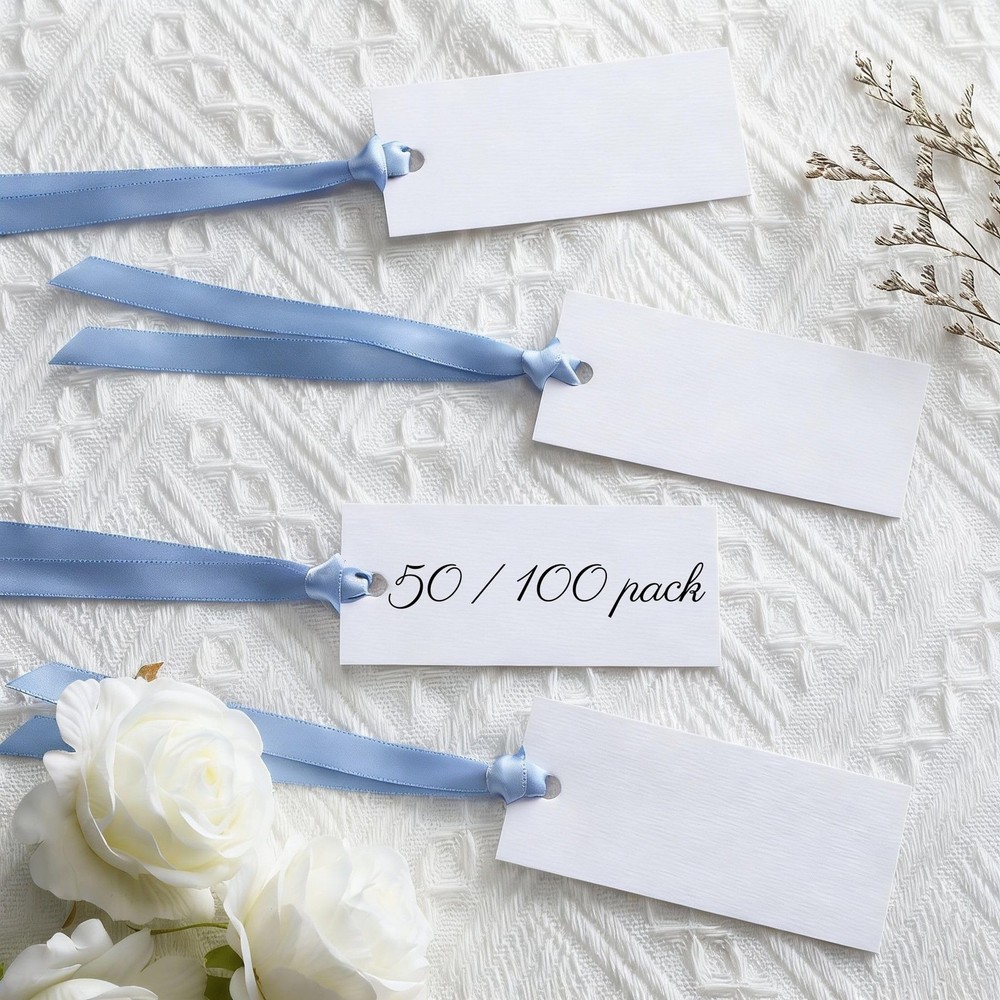 100 PCS Name Place Cards Table Setting Blank Satin Ribbon Blue 1.57×3.54 Inch