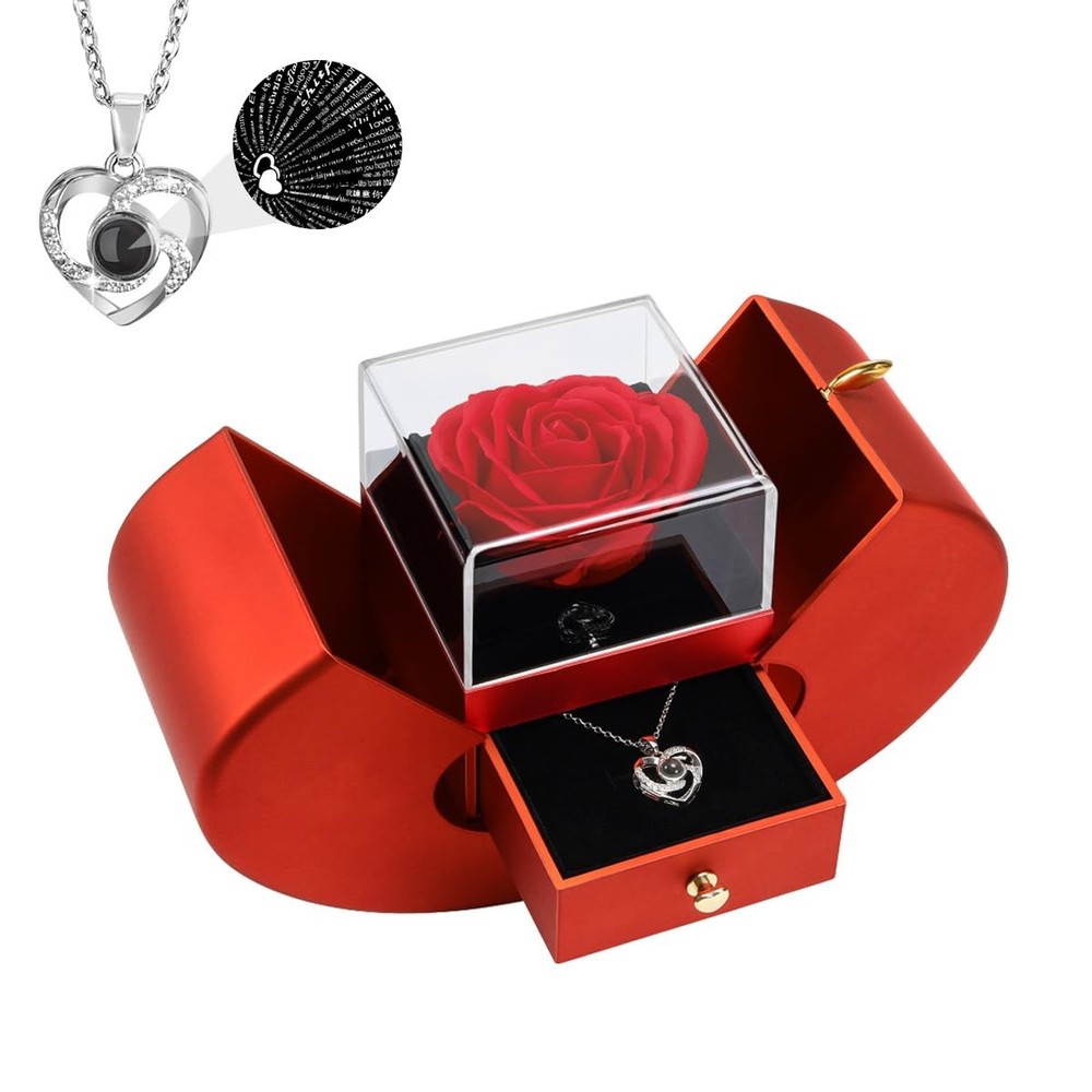 Preserved Rose Gifts for Women, Eternal Flower Rose Box with Heart Necklace