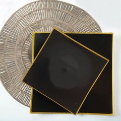 10 BLACK 8″ Square Concave Plastic Salad Dinner PLATES Gold Rim Party Events