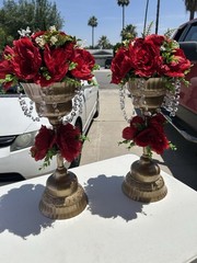 Gold Wedding Centerpieces with Red Flowers, Crystal Accents, Traditional Style