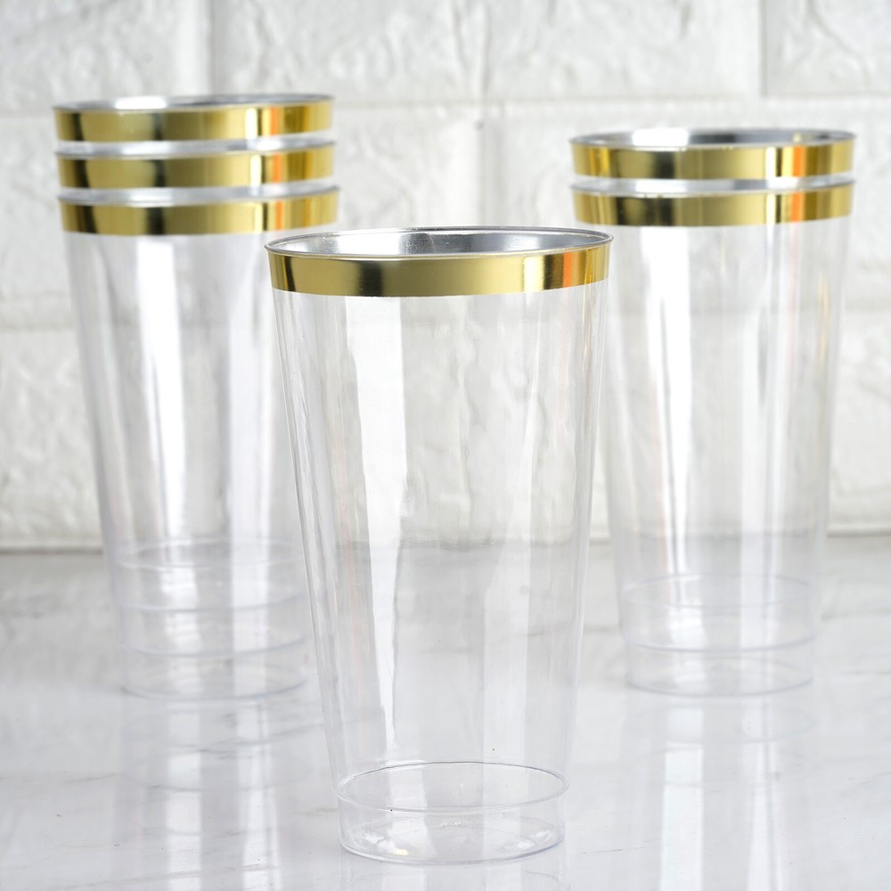 12 17 oz Plastic CLEAR with Gold Rim Cocktail Disposable Glasses Party Wedding