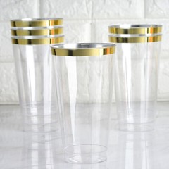 12 17 oz Plastic CLEAR with Gold Rim Cocktail Disposable Glasses Party Wedding