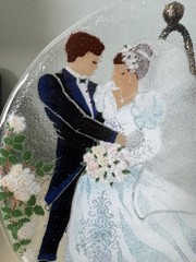 Vintage Wedding Plate Bride Groom Glass Decorative Anniversary Romantic Art
