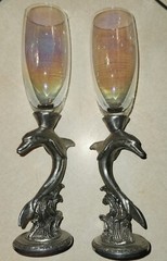 Dolphin Heart Wedding Toasting Glasses Champagne Flute Set Opal Glass pewter HTF