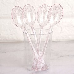Plastic Clear Blush Glittered SPOONS Disposable TABLEWARE Party Wedding Catering