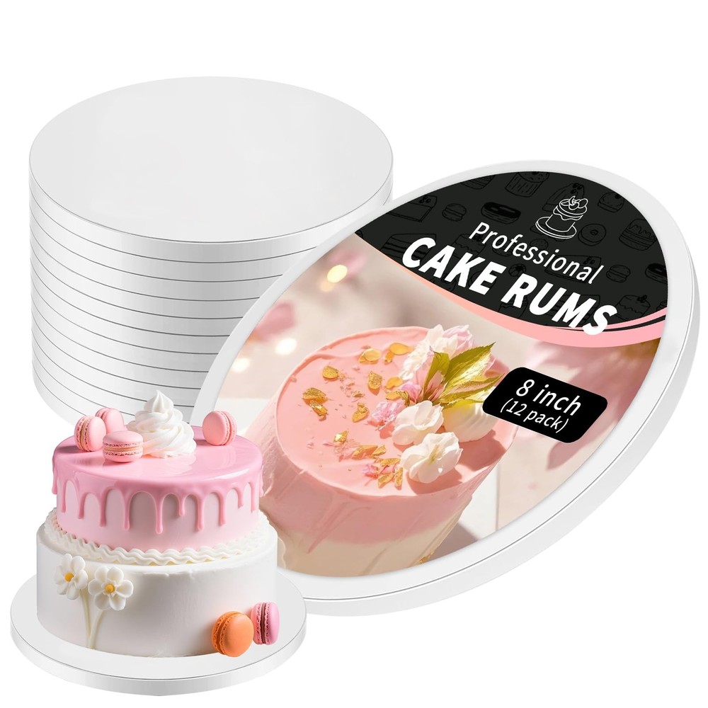12-Pack 8 Inch White Round Cake Boards, Sturdy 1/2 Thick Smooth Edge Base