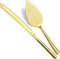 Gold Wedding Cake Knife and Server Set, Titanium Gold Plating with Unique Pat…