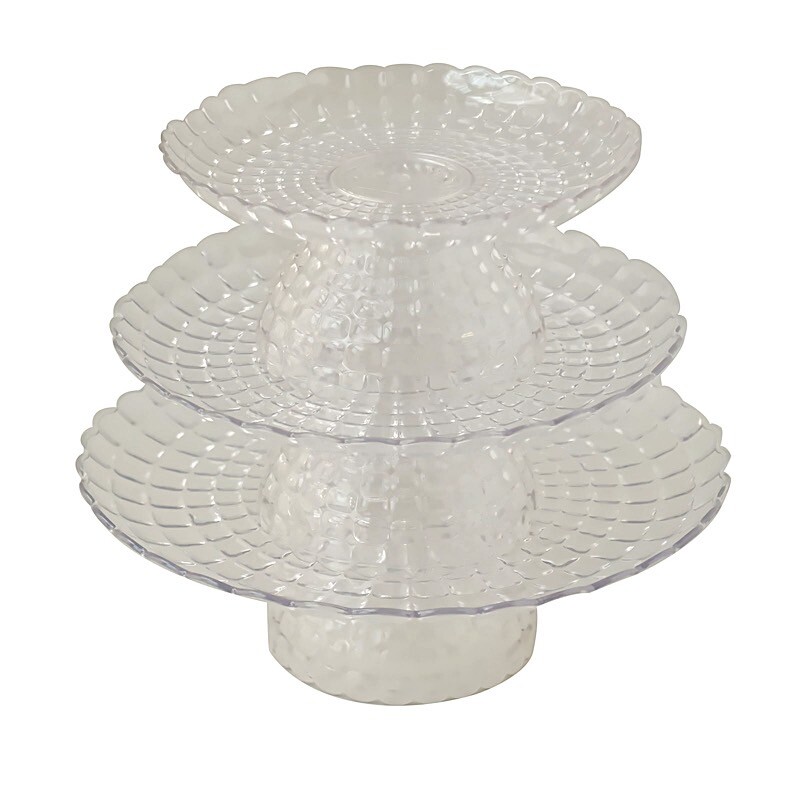 Clear 3 Plastic Stackable Pedestals Pressed Design Cupcake Stands Set Party Home