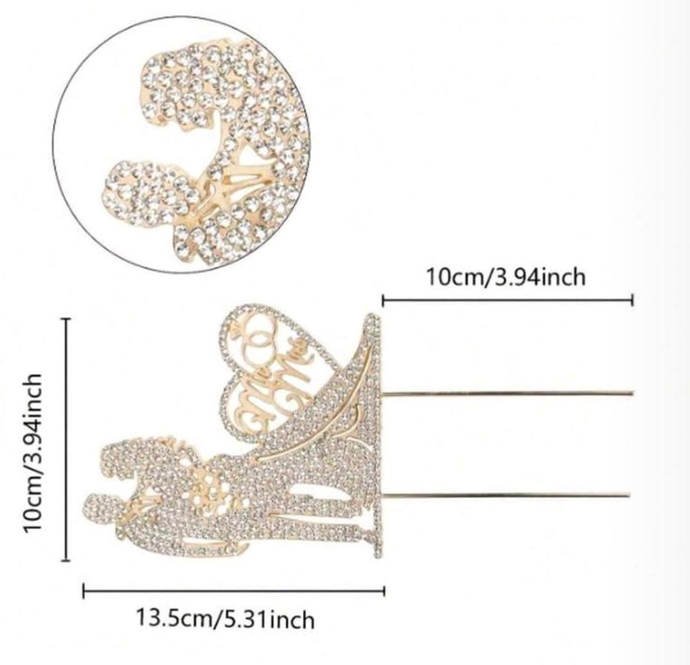 Gold Rhinestone Bride & Groom Heart Wedding Cake Topper Metal 13.5cm x 10cm