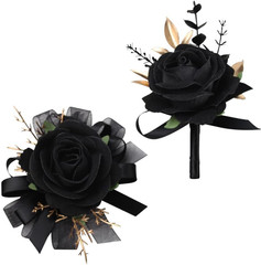 2Pcs Corsage and Boutonniere Set Rose Wrist Corsage Wristlet Band for Wedding Fl