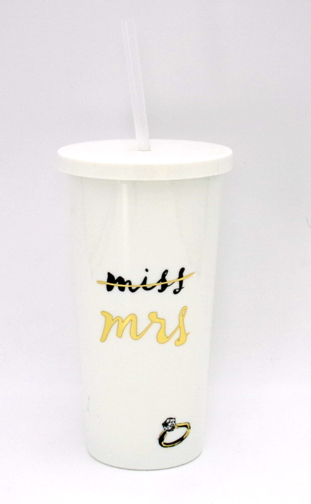 Kate Spade New York Miss to Mrs Tumbler Cup Cream Gold with Straw