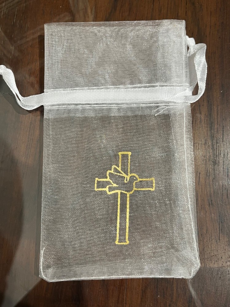 WHITE ORGANZA GIFT BAGS RELIGIOUS CROSS FAVOR BAGS Wedding Baptism Communion NEW