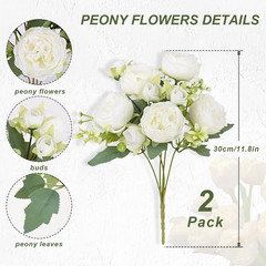 2 Packs Peonies Artificial Flowers, White Artificial Peonies, Silk Peonies Flowe