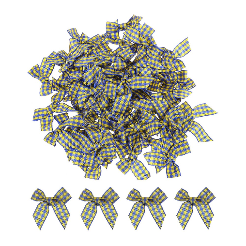 50Pcs Mini Gingham Ribbon Bow 1.5″ Checkered Fabric Satin Light Blue and Yellow