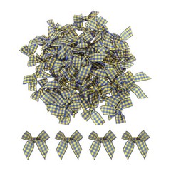 50Pcs Mini Gingham Ribbon Bow 1.5″ Checkered Fabric Satin Light Blue and Yellow