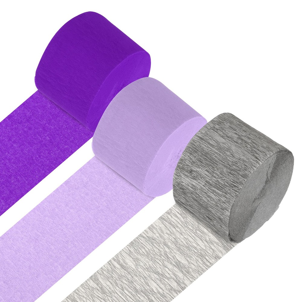 3Roll 1.8″x72FT Crepe Paper Streamers Decorations Bright Purple/Purple/Silver