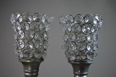 Silver Tone Crystal Stem Jeweled Votives Chalice Candleholders Set Of 2 Beads