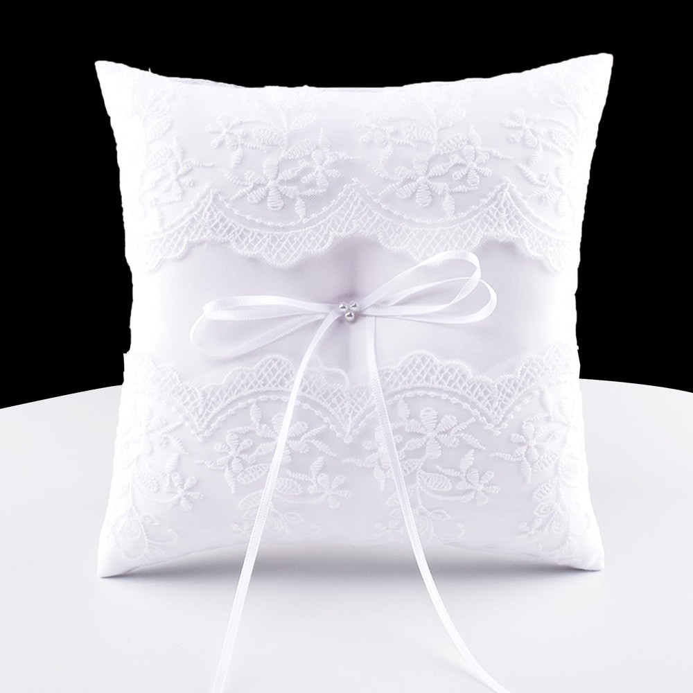 STAFUNI Wedding Ring Bearer Pillow, White Lace Pillow 8×8 inch,