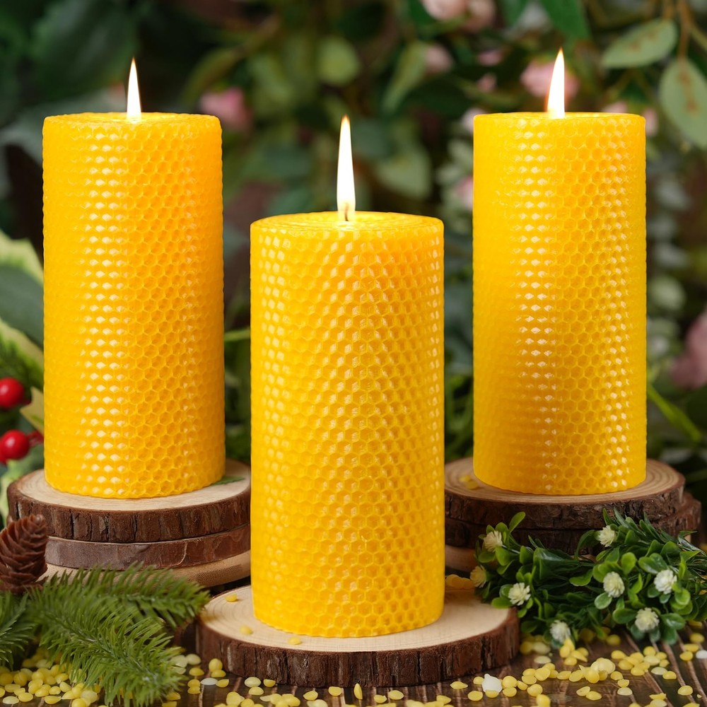 Makalone 3 Pack Natural Beeswax Pillar Candles2.8X6In Handmade Beeswax Rolled