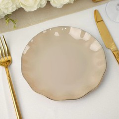 10 TAUPE 6″ Round PLASTIC Salad Dinner PLATES Gold Wavy Rim Wedding Party