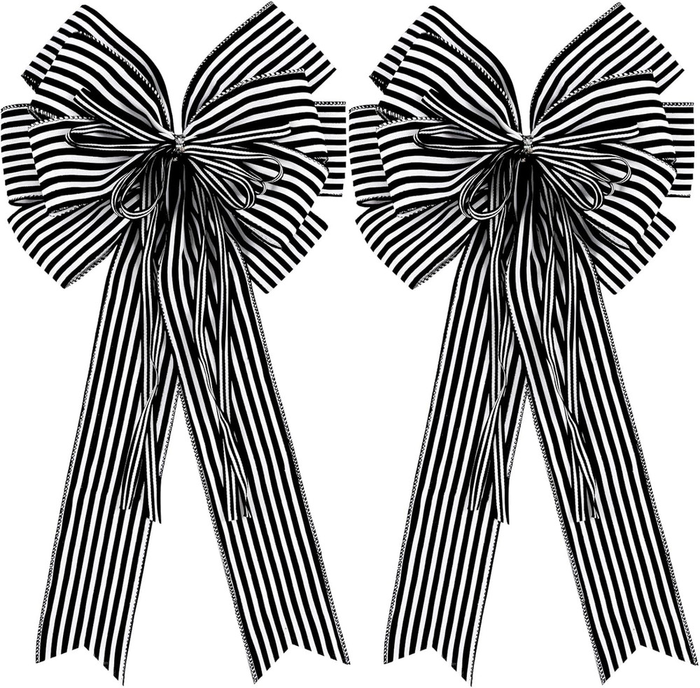 2 Pack Black White Stripe Halloween Fall Bows for Wreaths,12”x20”Black and White