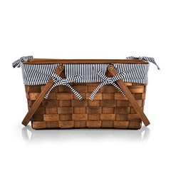 Kansas Handwoven Wood Picnic Basket Navy Blue & White Stripe