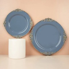 10 DUSTY BLUE GOLD 8″ Round Plastic Salad Dinner PLATES Embossed Baroque Rim