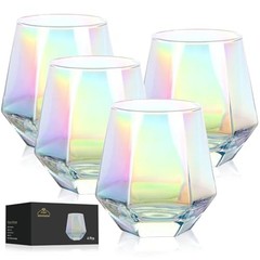 Stemless Wine Glasses Set of 4 Rainbow Diamond Wine Glass, Lead-Free Modern