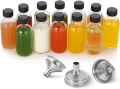12 Pack, 2 oz Small Clear Glass Bottles w/Lid & 3 Funnels – 60ml Boston