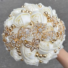 New Bridal Bouquet Exquisite Rhinestone Silk Rose and Pearl Handmade