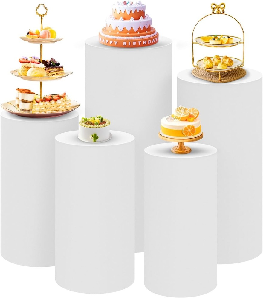 Set of 5 – White Cylinder Pedestal Stand Covers, Spandex Cylinder Stand Covers f